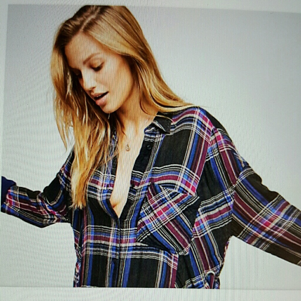 Free people nordic day top tunic purple check women oversized size S New